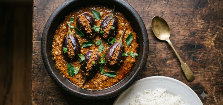 Gutti Vankaya Masala Curry with stuffed baby brinjals in thick Andhra peanut gravy