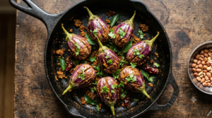 Gutti Vankaya Vepudu Recipe - dry roasted Andhra stuffed baby brinjals coated in peanut sesame masala