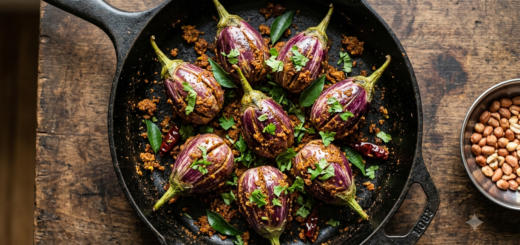 Gutti Vankaya Vepudu Recipe - dry roasted Andhra stuffed baby brinjals coated in peanut sesame masala