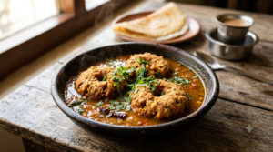 Hotel style vada curry with chana dal vadas in spiced onion-tomato gravy, garnished with coriander