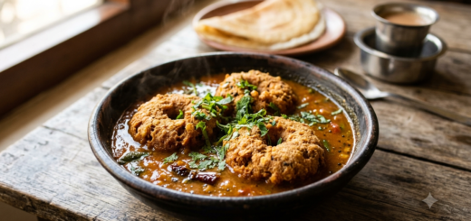 Hotel style vada curry with chana dal vadas in spiced onion-tomato gravy, garnished with coriander