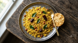 Instant Pulihora Mix Recipe tamarind rice with peanuts and curry leaves in a steel plate