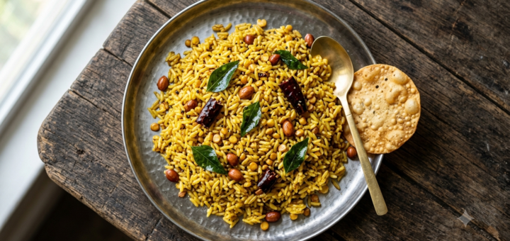 Instant Pulihora Mix Recipe tamarind rice with peanuts and curry leaves in a steel plate