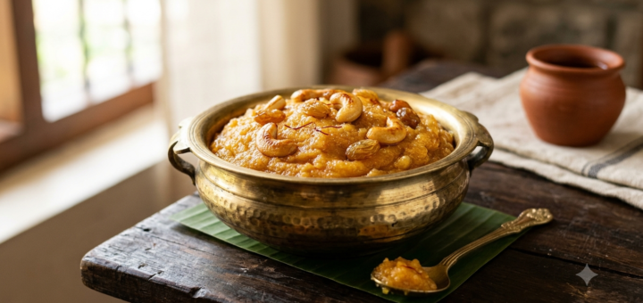 Iyengar style rava kesari served warm with roasted cashews and raisins