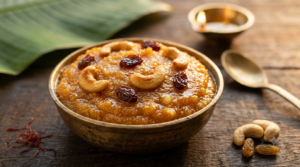 Iyengar Style Rava Kesari served warm in a bowl with cashews and raisins