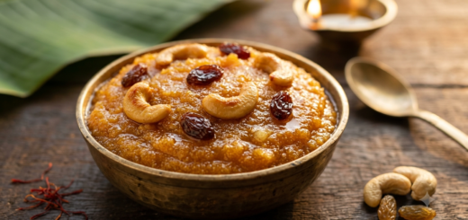 Iyengar Style Rava Kesari served warm in a bowl with cashews and raisins