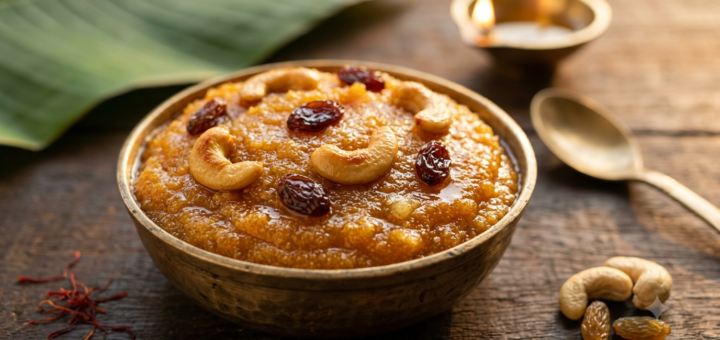 Iyengar Style Rava Kesari served warm in a bowl with cashews and raisins