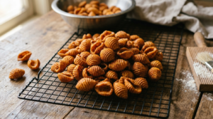 Karam Gavvalu Recipe: crispy spicy Andhra wheat flour shells cooling on a wire rack