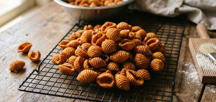 Karam Gavvalu Recipe: crispy spicy Andhra wheat flour shells cooling on a wire rack