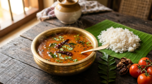 Kerala Rasam Recipe served in a bowl with curry leaves, coriander and steamed rice alongside