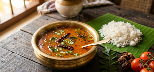 Kerala Rasam Recipe served in a bowl with curry leaves, coriander and steamed rice alongside