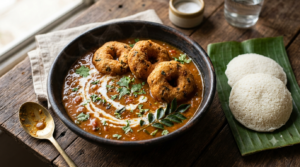 Medu Vada Curry Recipe - soft urad dal vada served in spiced South Indian gravy
