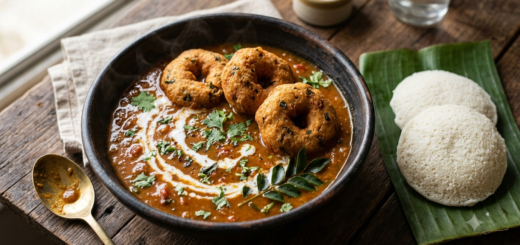 Medu Vada Curry Recipe - soft urad dal vada served in spiced South Indian gravy