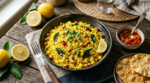 Nimmakaya Pulihora recipe — Andhra lemon rice with peanuts, curry leaves and tempering