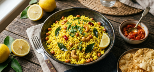 Nimmakaya Pulihora recipe — Andhra lemon rice with peanuts, curry leaves and tempering