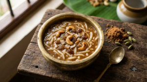 Palathalikalu recipe with jaggery served in a brass bowl with cashews and raisins