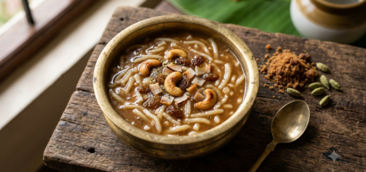 Palathalikalu recipe with jaggery served in a brass bowl with cashews and raisins