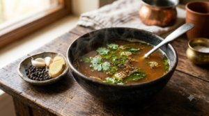 Pepper rasam without tomato in a bowl, a South Indian cold and cough soup