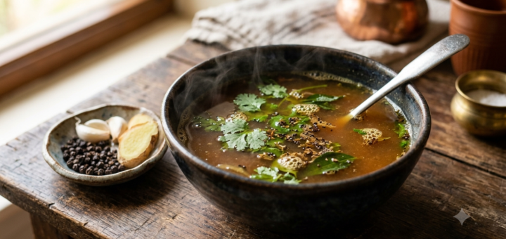 Pepper rasam without tomato in a bowl, a South Indian cold and cough soup