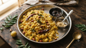 Pulihora Temple Style Andhra tamarind rice with peanuts, curry leaves, and sesame podi on a steel plate
