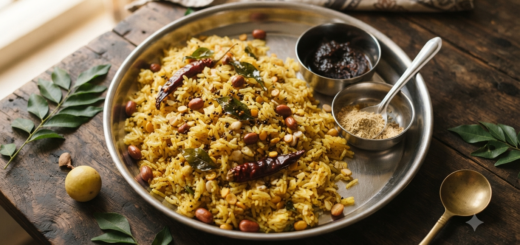 Pulihora Temple Style Andhra tamarind rice with peanuts, curry leaves, and sesame podi on a steel plate