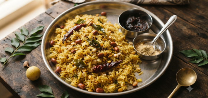 Pulihora Temple Style Andhra tamarind rice with peanuts, curry leaves, and sesame podi on a steel plate