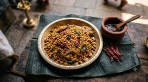 Pulihora Temple Style Tamilnadu tamarind rice with peanuts and curry leaves