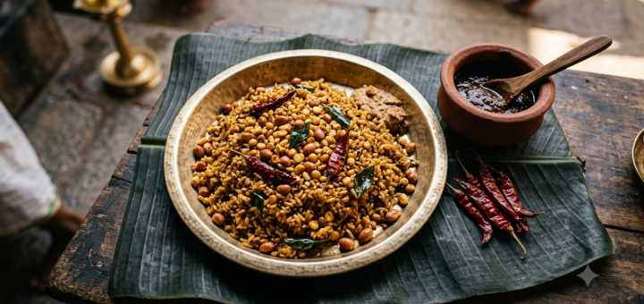 Pulihora Temple Style Tamilnadu tamarind rice with peanuts and curry leaves