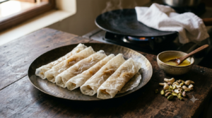 Putharekulu recipe at home – translucent rice sheet rolls filled with ghee and powdered sugar