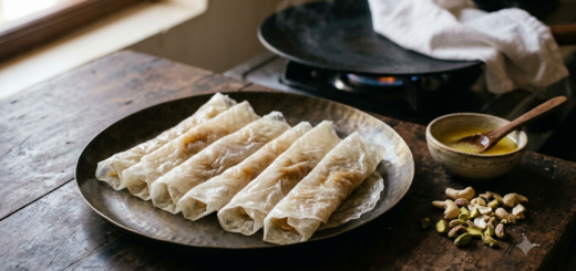 Putharekulu recipe at home – translucent rice sheet rolls filled with ghee and powdered sugar