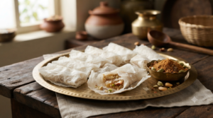 Putharekulu recipe at home with thin rice paper sheets, ghee and sugar filling