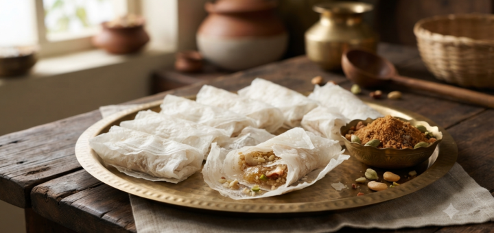 Putharekulu recipe at home with thin rice paper sheets, ghee and sugar filling