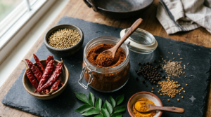 Rasam Podi Recipe Iyengar style ground spice blend in a glass jar with coriander seeds, red chilies, and peppercorns