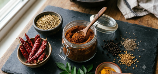 Rasam Podi Recipe Iyengar style ground spice blend in a glass jar with coriander seeds, red chilies, and peppercorns