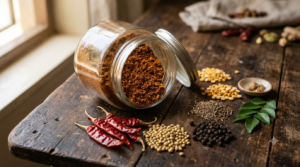 Rasam Powder Recipe Brahmin style homemade blend in a glass jar with roasted coriander, cumin, pepper and chillies