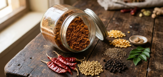 Rasam Powder Recipe Brahmin style homemade blend in a glass jar with roasted coriander, cumin, pepper and chillies