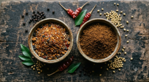 Rasam powder and sambar powder in two bowls with whole coriander, pepper, and dried red chillies