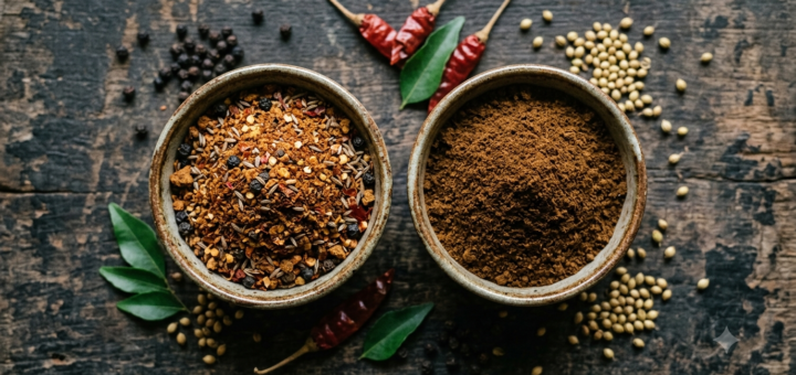 Rasam powder and sambar powder in two bowls with whole coriander, pepper, and dried red chillies