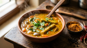 Bowl of sambar made with rasam powder for sambar, topped with tempering and coriander