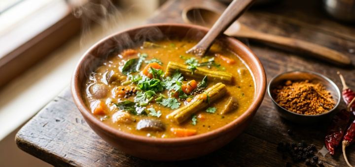 Bowl of sambar made with rasam powder for sambar, topped with tempering and coriander