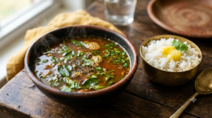 Rasam Recipe Andhra Style chaaru in a bowl with rice, ghee, and coriander garnish