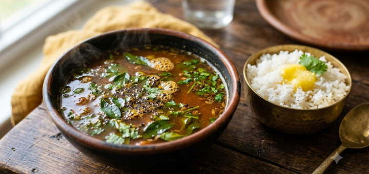 Rasam Recipe Andhra Style chaaru in a bowl with rice, ghee, and coriander garnish