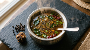Rasam Recipe Fiji Style — tangy tamarind pepper broth with curry leaves in a steel bowl