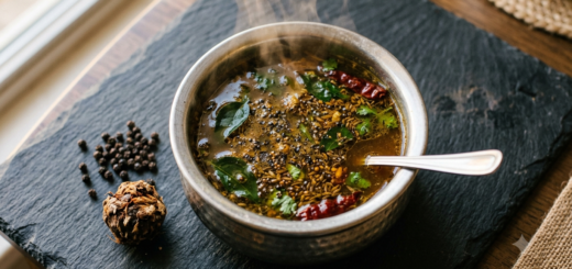 Rasam Recipe Fiji Style — tangy tamarind pepper broth with curry leaves in a steel bowl