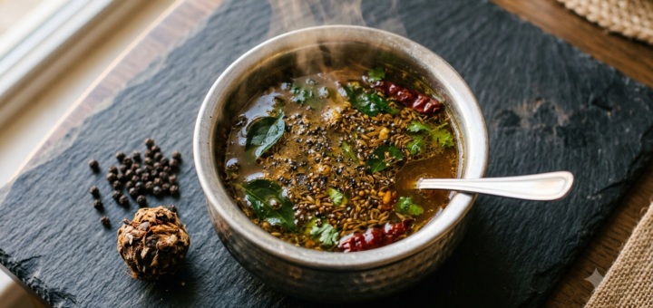 Rasam Recipe Fiji Style — tangy tamarind pepper broth with curry leaves in a steel bowl