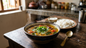 Rasam Recipe Karnataka Style saaru in a bowl, garnished with coriander and served with steamed rice
