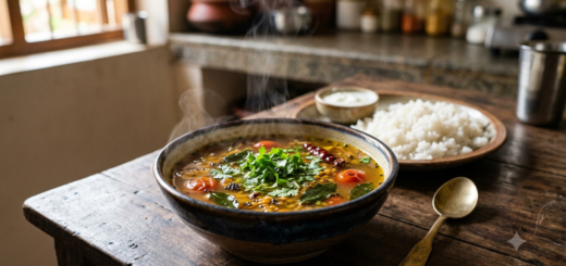 Rasam Recipe Karnataka Style saaru in a bowl, garnished with coriander and served with steamed rice