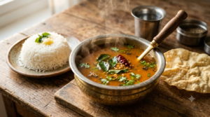Rasam Recipe Kerala Style in a steel tumbler with rice and papadam