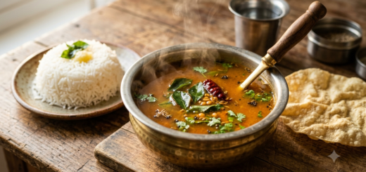 Rasam Recipe Kerala Style in a steel tumbler with rice and papadam