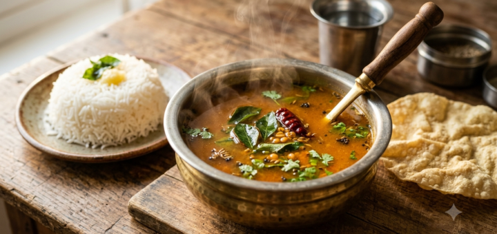 Rasam Recipe Kerala Style in a steel tumbler with rice and papadam